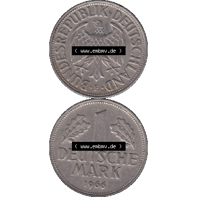 BRD Münzen 1 DM, Umlaufmünze 1950-2001, 1 / Eine DM - Eine Deutsche Mark, 1966 F-1. Münzen-Rückseite und Münzen-Vorderseite vertikal untereinander... Sammlung