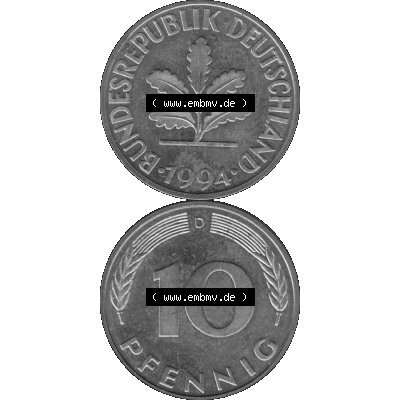 BRD Münzen 10 Pf. Umlaufmünze in PNG 1950-2001, 10 Pfennig 1994 D-02 Graustufen. Graustufen-Bild erstellt aus Farbigen Bild mit Vorderseite und Rückseite auf einen Bild... Sammlung