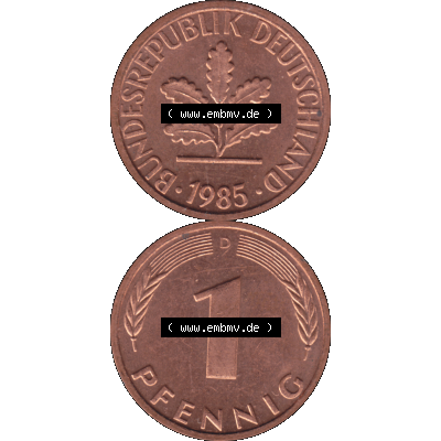 BRD Münzen in PNG 1950-2001, 1 Pfennig der BRD Deutschland 1985, 1980er Jahre Mzz. München D-01. Hier befindet sich eine PNG-Grafik einer 1 Pfennig Münze BRD mit... Sammlung