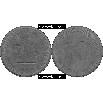BRD Münzen 10 Pf. Umlaufmünze in PNG 1950-2001, 10 Pfennig 1990 J-02 Graustufen. Graustufen Bild aus zwei Bildern vom Scanner mit Vorderseite und Rückseite mit Wert-Zahl... Sammlung
