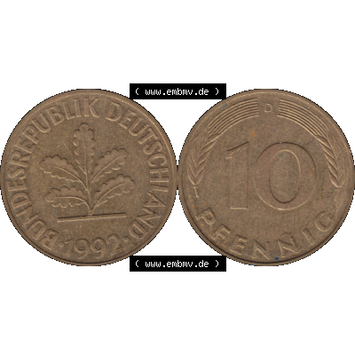 BRD Münzen 10 Pf. Umlaufmünze in PNG 1950-2001, 10 Pfennig 1992 D-01. Vorderseite und Rückseite mit Wert-Zahl auf einen Bild / Foto der digitalisierten 10 Pfennig... Sammlung