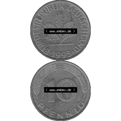 BRD Münzen 10 Pf. Umlaufmünze in PNG 1950-2001, 10 Pfennig 1995 D-01 Graustufen. Graustufen-Bild erstellt aus Farbigen Bild mit Vorderseite und Rückseite auf einen Bild... Sammlung