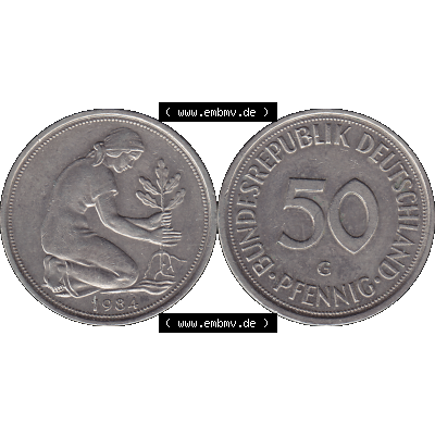 BRD Münzen 50 Pf. Umlaufmünze in PNG 1950-2001, 50 Pfennig BRD Deutschland 1984 Münzstätte in Karlsruhe Mzz. G-01. 50 Pfennig Münze BRD der 1980-er Jahre.... Sammlung