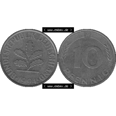 BRD Münzen 10 Pf. Umlaufmünze in PNG 1990-2001, 10 Pfennig 1994 A-01 Graustufen. Graustufen-Bilder der Vorderseite und Rückseite mit Wert-Zahl auf einen Bild / Foto... Sammlung