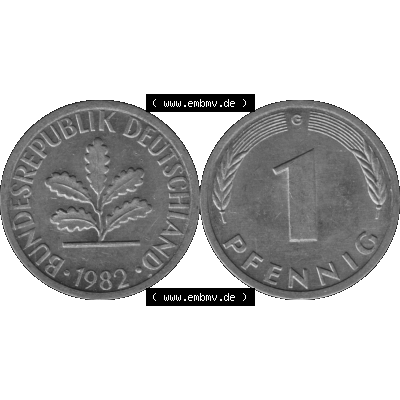 BRD Münzen 1 Pfennig BRD-Deutschland Umlaufmünze in Graustufen PNG 1950-2001, 1 Pfennig 1982, 1980er Jahre Münzstätte Karlsruhe G-01. Graustufen-Bilder der Vorderseite... Sammlung