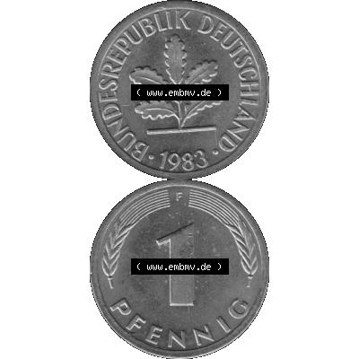 BRD Münzen 1 Pfennig Umlaufmünze in Graustufen PNG 1950-2001, 1 Pfennig 1983, 1980er Jahre Mzz. F-01. Graues-Bild 1 Pfennig F aus farbigen Bild erstellt mit Vorderseite... Sammlung