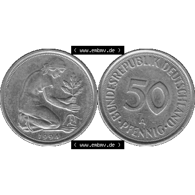 BRD Münzen Deutschland A 50 Pf. Umlaufmünze in Graustufen PNG 1990-2001, 50 Pfennig 1994 Münzzeichen "A" für Berlin - "A"-01 Graustufen. PNG... Sammlung