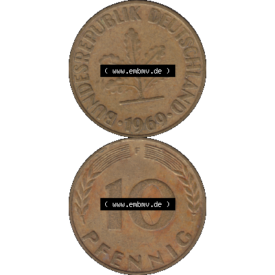 BRD Münzen 10 Pf. Umlaufmünze in PNG 1950-2001, 10 Pfennig 1969 F-01. Vorderseite und Rückseite auf einen Bild / Foto vertikal untereinander zusammengefügt,... Sammlung