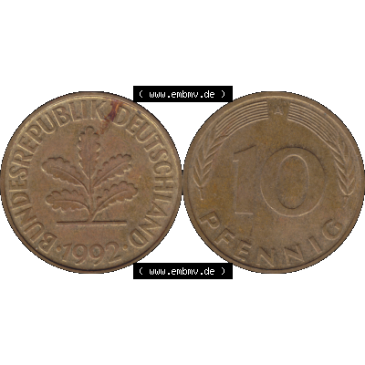 BRD Münzen 10 Pf. Umlaufmünze in PNG 1990-2001, 10 Pfennig 1992 A-01. Vorderseite und Rückseite mit Wert-Zahl auf einen Bild / Foto der digitalisierten 10 Pfennig... Sammlung