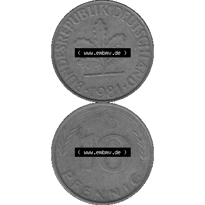 BRD Münzen 10 Pf. Umlaufmünze in PNG 1950-2001, 10 Pfennig 1981 F-01 Graustufen. Graues-Bild aus farbigen Bild erstellt mit Vorderseite und Rückseite auf einen Bild /... Sammlung