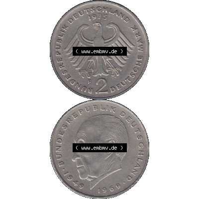 BRD Münzen 2 DM, Gedenkmünze in PNG 1969-1987, 2 DM, Deutsche Mark Konrad Adenauer 1975 Münzzeichen Mzz Stuttgart F-1. Vorderseite und Rückseite mit Deutschen... Sammlung