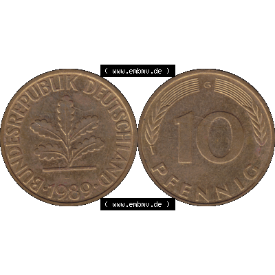 BRD Münzen 10 Pf. Umlaufmünze in PNG 1950-2001, 10 Pfennig 1989 G-10. Vorderseite und Rückseite mit Wert-Zahl auf einen Bild / Foto der digitalisierten 10 Pfennig... Sammlung
