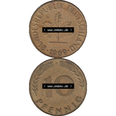 BRD Münzen 10 Pf. Umlaufmünze in PNG 1950-2001, 10 Pfennig 1969 F-08. Vorderseite und Rückseite auf einen Bild / Foto vertikal untereinander zusammengefügt,... Sammlung