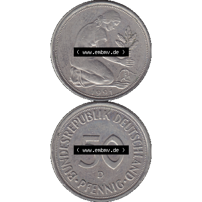 BRD Münzen 50 Pf. Umlaufmünze in PNG 1950-2001, 50 Pfennig BRD Deutschland 1991 München D-1. Transparente Vorderseite und Rückseite der Münze vertikal untereinander... Sammlung