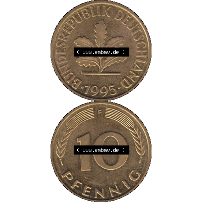 BRD Münzen 10 Pf. Umlaufmünze in PNG 1950-2001, 10 Pfennig 1995 F-04. Vorderseite und Rückseite auf einen Bild / Foto vertikal untereinander zusammengefügt,... Sammlung