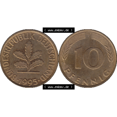 BRD Münzen 10 Pf. Umlaufmünze in PNG 1950-2001, 10 Pfennig 1995 F-01. Vorderseite und Rückseite mit Wert-Zahl auf einen Bild / Foto der digitalisierten 10 Pfennig... Sammlung