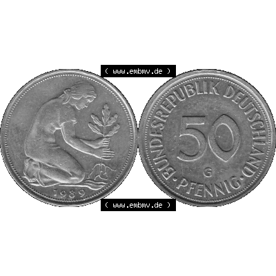 BRD Münzen Deutschland G 50 Pf. Umlaufmünze in Graustufen PNG 1950-2001, 50 Pfennig 1989 Münzzeichen "G" für Karlsruhe - "G"-01 Graustufen. PNG... Sammlung