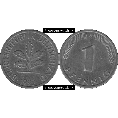BRD Münzen 1 Pfennig BRD-Deutschland Umlaufmünze in Graustufen PNG 1950-2001, 1 Pfennig 1992, 1990er Jahre Münzstätte Karlsruhe G-01. Graustufen-Bilder der Vorderseite... Sammlung