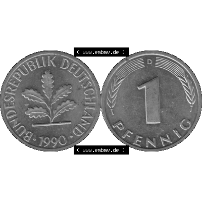 BRD Münzen 1 Pfennig Umlaufmünze in Graustufen PNG 1950-2001, 1 Pfennig 1990 München D-01. Graustufen-Bilder der Vorderseite und Rückseite mit Wert-Zahl auf einen Bild... Sammlung