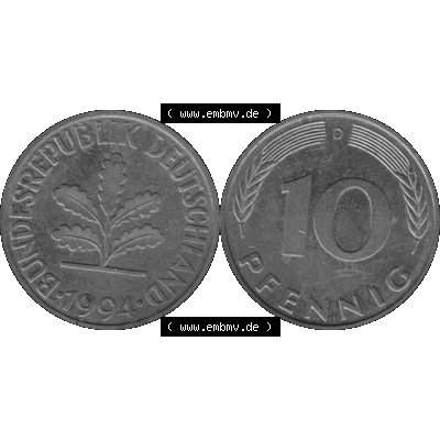 BRD Münzen 10 Pf. Umlaufmünze in PNG 1950-2001, 10 Pfennig 1994 D-03 Graustufen. Graustufen-Bilder der Vorderseite und Rückseite mit Wert-Zahl auf einen Bild / Foto... Sammlung