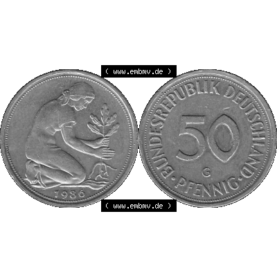 BRD Münzen Deutschland G 50 Pf. Umlaufmünze in Graustufen PNG 1950-2001, 50 Pfennig 1986 Münzzeichen "G" für Karlsruhe - "G"-01 Graustufen. PNG... Sammlung