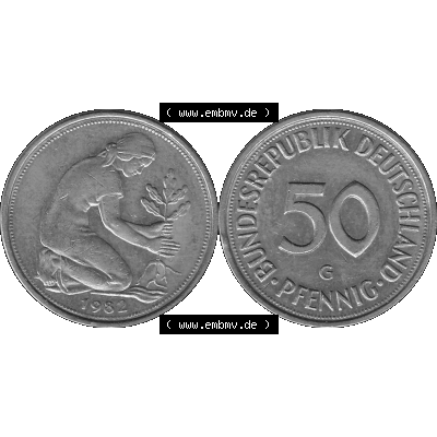 BRD Münzen Deutschland G 50 Pf. Umlaufmünze in Graustufen PNG 1950-2001, 50 Pfennig 1982 Münzzeichen "G" für Karlsruhe - "G"-01 Graustufen. PNG... Sammlung