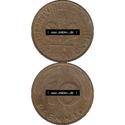 BRD Münzen 10 Pf. Umlaufmünze in PNG 1950-2001, 10 Pfennig 1990 F-01. Vorderseite und Rückseite auf einen Bild / Foto vertikal untereinander zusammengefügt,... Sammlung