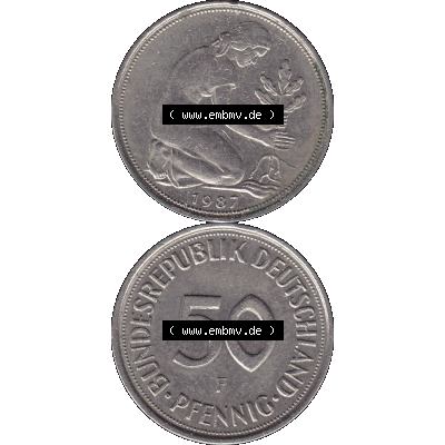 BRD Münzen 50 Pf. Umlaufmünze in PNG 1950-2001, 50 Pfennig 1987 F-01. Vorderseite und Rückseite auf einen Bild / Foto vertikal untereinander zusammengefügt,... Sammlung