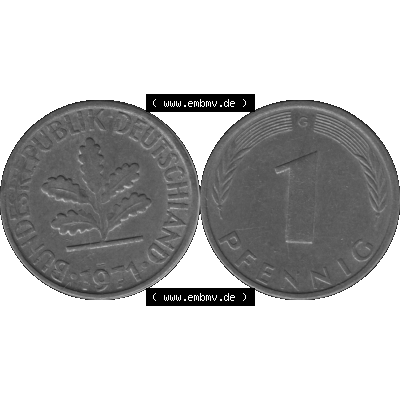BRD Münzen 1 Pfennig BRD-Deutschland Umlaufmünze in Graustufen PNG 1950-2001, 1 Pfennig 1971, 1970er Jahre Münzstätte Karlsruhe G-01. Graustufen-Bilder der Vorderseite... Sammlung