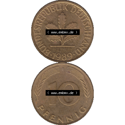 BRD Münzen 10 Pf. Umlaufmünze in PNG 1950-2001, 10 Pfennig 1989 F-02. Vorderseite und Rückseite auf einen Bild / Foto vertikal untereinander zusammengefügt,... Sammlung