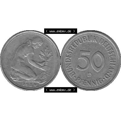 BRD Münzen Deutschland D 50 Pf. Umlaufmünze in Graustufen PNG 1950-2001, 50 Pfennig 1989 Münzzeichen "D" für München - "D"-01 Graustufen.... Sammlung