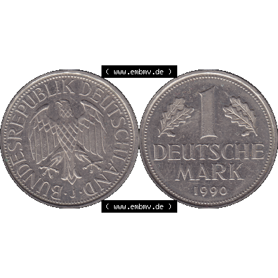 BRD Münzen 1 DM, Umlaufmünze 1950-2001, BRD Deutschland 1 / Eine DM - 1 Eine Deutsche Mark, 1990 Münzzeichen Hamburg Mzz J-1. Münzen-Rückseite und... Sammlung