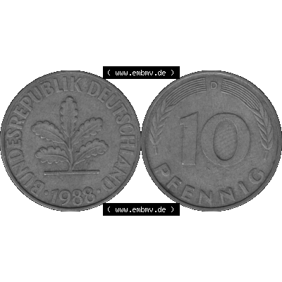BRD Münzen 10 Pf. Umlaufmünze in PNG 1950-2001, 10 Pfennig 1988 D-10 Graustufen. Graustufen-Bilder der Vorderseite und Rückseite mit Wert-Zahl auf einen Bild / Foto... Sammlung