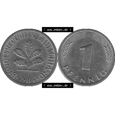 BRD Münzen 1 Pfennig BRD-Deutschland Umlaufmünze in Graustufen PNG 1950-2001, 1 Pfennig 1984, 1980er Jahre Münzstätte Karlsruhe G-01. Graustufen-Bilder der Vorderseite... Sammlung