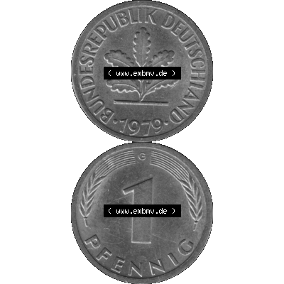 BRD Münzen 1 Pfennig BRD-Deutschland Umlaufmünze in Graustufen PNG 1950-2001, 1 Pfennig 1979, 1970er Jahre Münzstätte Karlsruhe G-01. Graustufen-Bild erstellt aus... Sammlung