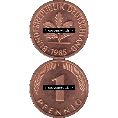 BRD Münzen 1 Pfennig Umlaufmünze in PNG 1950-2001, 1 Pfennig 1985, 1980er Jahre Stuttgart F-01. Hier befindet sich eine PNG-Grafik einer 1 Pfennig Münze Stuttgart Mzz.... Sammlung