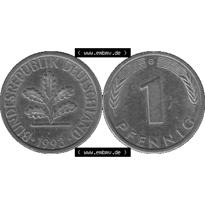 BRD Münzen 1 Pfennig BRD-Deutschland Umlaufmünze in Graustufen PNG 1950-2001, 1 Pfennig 1993, 1990er Jahre Münzstätte Karlsruhe G-01. Graustufen-Bilder der Vorderseite... Sammlung
