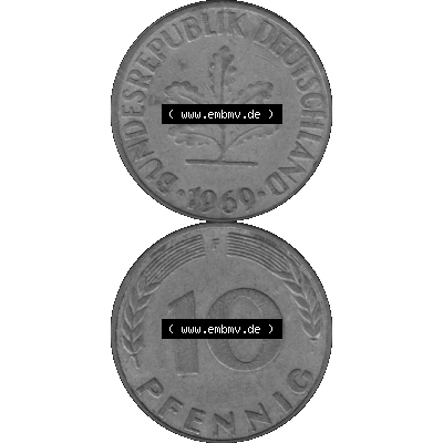 BRD Münzen 10 Pf. Umlaufmünze in PNG 1950-2001, 10 Pfennig 1969 F-08 Graustufen. Graues-Bild aus farbigen Bild erstellt mit Vorderseite und Rückseite auf einen Bild /... Sammlung