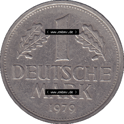 BRD Münzen 1 DM, Umlaufmünze 1950-2001, BRD Deutschland 1 / Eine DM - 1 Eine Deutsche Mark, 1979 Münzzeichen Hamburg Mzz J-1. Münzen-Rückseite mit... Sammlung