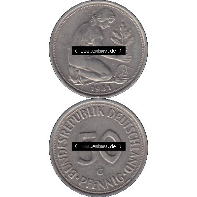 BRD Münzen 50 Pf. Umlaufmünze in PNG 1950-2001, 50 Pfennig BRD Deutschland 1981 Münzstätte Karlsruhe "G"-01. 50 Pfennig Münze BRD der 1980-er Jahre.... Sammlung