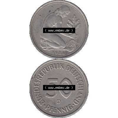 BRD Münzen 50 Pf. Umlaufmünze in PNG 1950-2001, 50 Pfennig BRD Deutschland 1984 D-01. 50 Pfennig Münze der 1980-er Jahre, Vorderseite und Rückseite auf einen... Sammlung