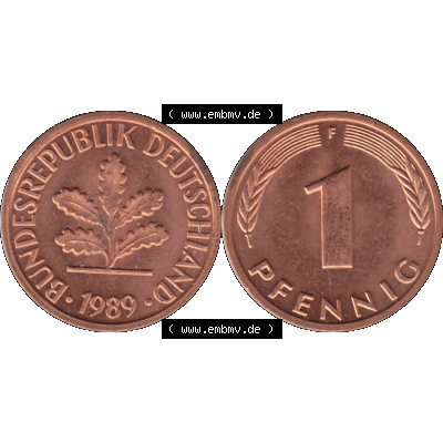 BRD Münzen 1 Pfennig Umlaufmünze in PNG 1950-2001, 1 Pfennig 1989, 1980er Jahre Stuttgart F-01. Die PNG-Grafik zeigt eine 1 Pfennig Münze der Bundesrepublik Deutschland.... Sammlung