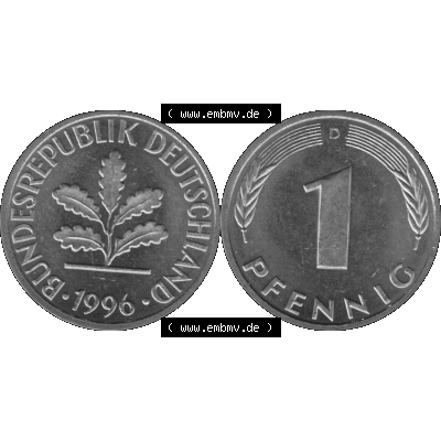BRD Münzen 1 Pfennig Umlaufmünze in Graustufen PNG 1950-2001, 1 Pfennig 1996 München D-01. Graustufen-Bilder der Vorderseite und Rückseite mit Wert-Zahl auf einen Bild... Sammlung