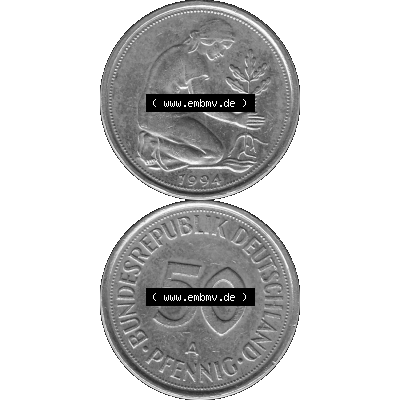 BRD Münzen Deutschland A 50 Pf. Umlaufmünze in Graustufen PNG 1990-2001, 50 Pfennig 1994 Münzzeichen "A" für Berlin - "A"-01 Graustufen. PNG... Sammlung