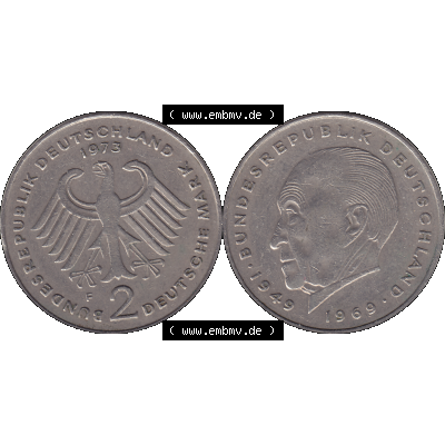 BRD Münzen 2 DM, Gedenkmünze in PNG 1969-1987, 2 DM, Deutsche Mark Konrad Adenauer 1973 Münzzeichen Mzz Stuttgart F-1. Vorderseite und Rückseite mit Deutschen... Sammlung