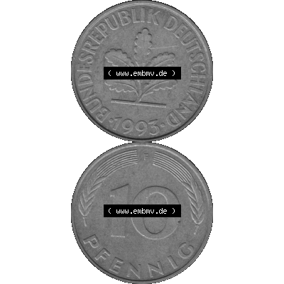BRD Münzen 10 Pf. Umlaufmünze in PNG 1950-2001, 10 Pfennig 1993 F-01 Graustufen. Graues-Bild aus farbigen Bild erstellt mit Vorderseite und Rückseite auf einen Bild /... Sammlung