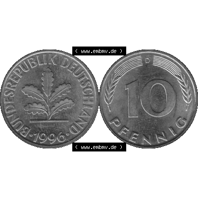 BRD Münzen 10 Pf. Umlaufmünze in PNG 1950-2001, 10 Pfennig 1996 D-01 Graustufen. Graustufen-Bilder der Vorderseite und Rückseite mit Wert-Zahl auf einen Bild / Foto... Sammlung