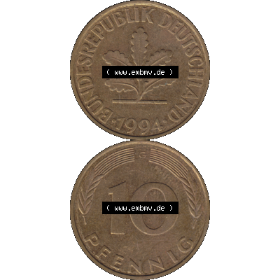BRD Münzen 10 Pf. Umlaufmünze in PNG 1950-2001, 10 Pfennig 1994 G-12. Vorderseite und Rückseite auf einen Bild / Foto vertikal untereinander zusammengefügt,... Sammlung