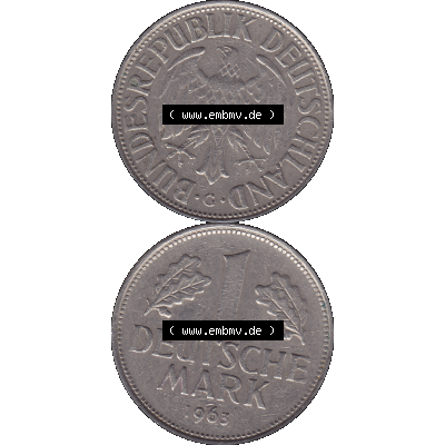 BRD Münzen 1 DM, Umlaufmünze 1950-2001, 1 / Eine DM - Eine Deutsche Mark, 1963 G-1. transparente PNG-Grafik der Münzen-Rückseite und Münzen-Vorderseite... Sammlung