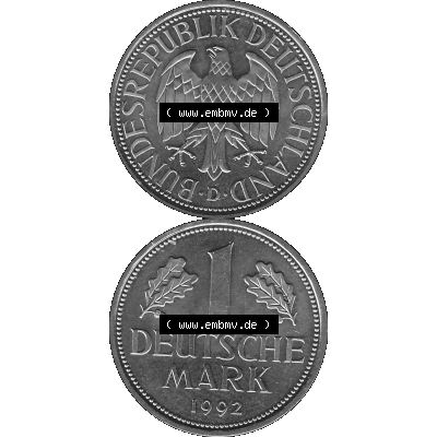 BRD Deutschland Münzen 1 / Eine DM / Eine Deutsche Mark in Graustufen PNG 1950-2001, 1 DM Deutsche Mark, 1992 Münzzeichen für München Mzz. D-01 Graustufen.... Sammlung